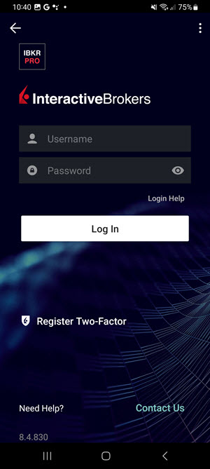 The login page on the Android Phone